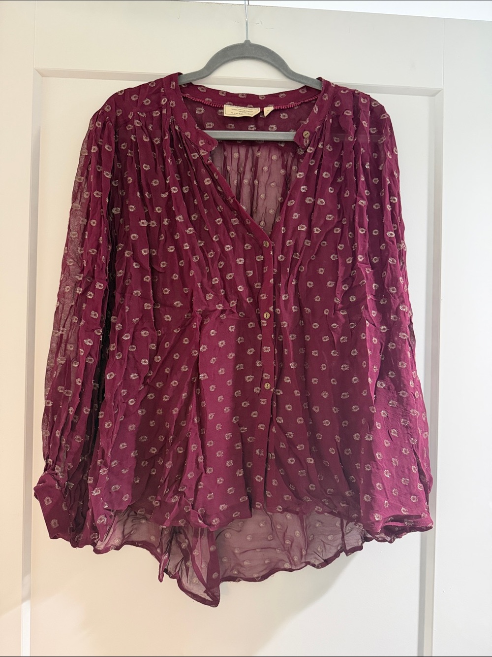 Anthropologie Women’s Magenta Gold Dot Sheer Button-Front Blouse
